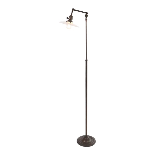 Vintage Industrial Brass Opal Disk Shade Floor Lamp For Sale