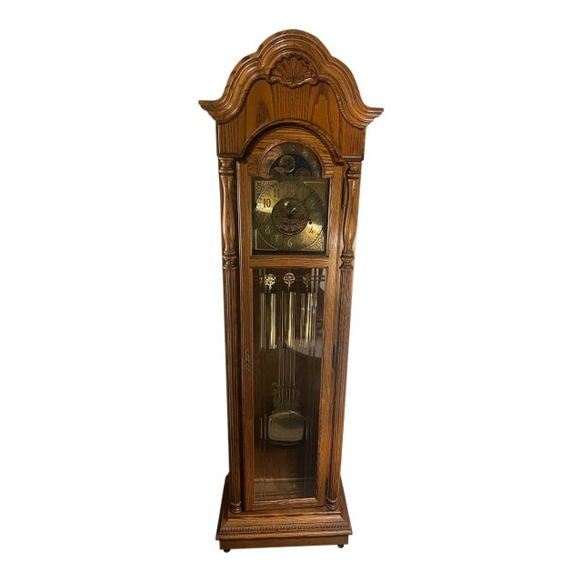 1990s Howard Miller 61st Anniversary Grandfather Clock in Solid Oak – Pristine One-Owner For Sale