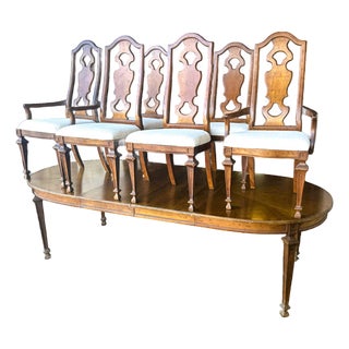 Drexel ‘Livorno’ Italian Neoclassical Pecan Wood Dining Table - 102” Fully Extended and 6 Chairs - Made in 1968 For Sale