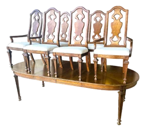 Drexel ‘Livorno’ Italian Neoclassical Pecan Wood Dining Table - 102” Fully Extended and 6 Chairs - Made in 1968