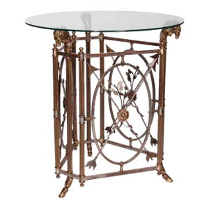 French Empire Figural Bronzed Metal & Glass Center Table with Ram's Heads 20th Century