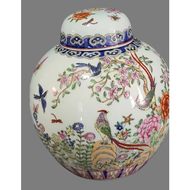 Vintage Asian Macau Hand Painted Colorful Floral Birds Ginger Jar Marked For Sale - Image 4 of 9