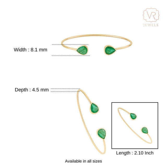 Contemporary 2.58ct Pear Emerald Open Cuff Bangle Bracelet in 14k Yellow Gold For Sale - Image 13 of 17