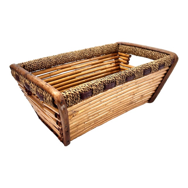 Vintage Rattan & Woven Reed Rectangular Basket – Coastal, Boho, Organic Modern Storage For Sale