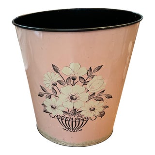 Vintage Mid-Century Decoware Pink Floral Metal Trash Can / Wastebasket For Sale