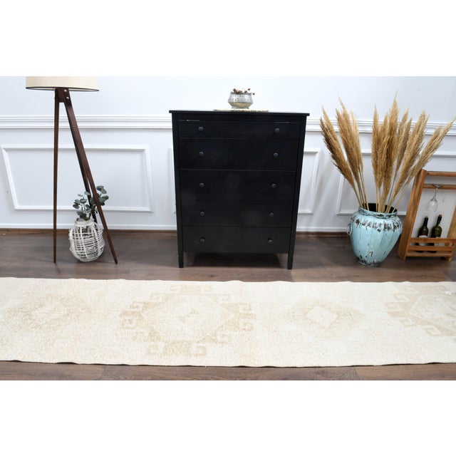 1970s Vintage Turkish Handmade Wool Cotton Beige Runner Rug For Sale - Image 4 of 11