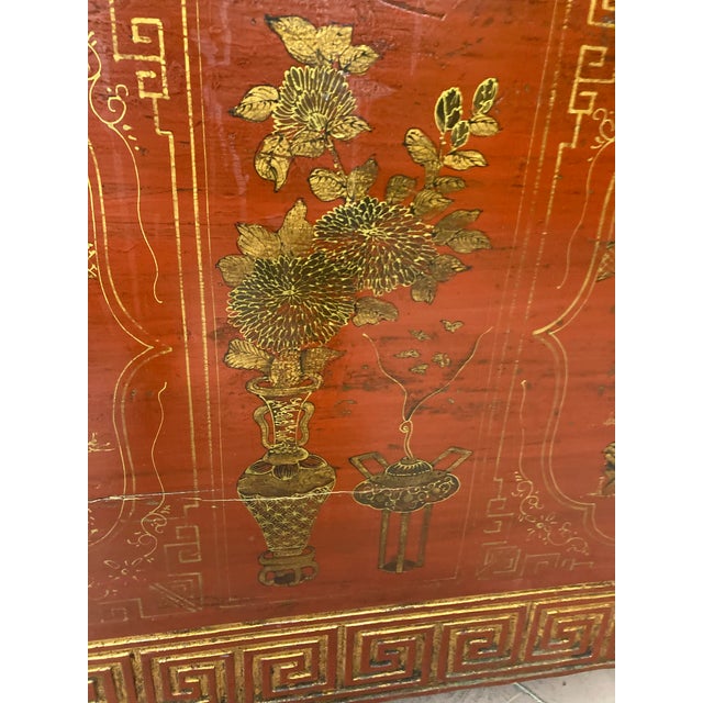 Late Qing Dynasty Chinese Red Lacquered Tall Wedding Chest For Sale - Image 4 of 12