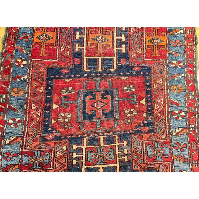 Antique Northwest Persian Runner Rug, Hand-Knotted Wool, Geometric Medallions Pattern, 3x10, Blue & Red For Sale - Image 13 of 15