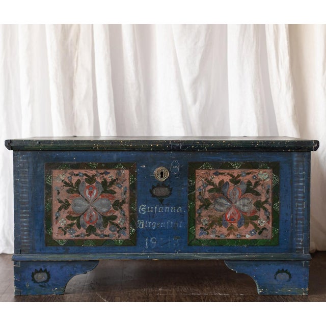 Antique Hand Painted Chest in Blue With Floral Motifs For Sale - Image 4 of 18