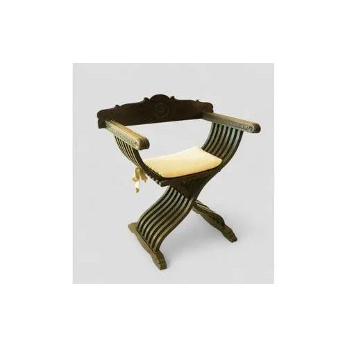 Vintage Savonarola Chair in Dark Wood with Upholstered Seat For Sale - Image 3 of 9