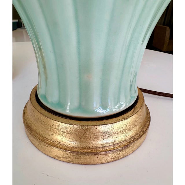 Pair Chinese Celadon Green Relief Porcelain Table Lamps For Sale In Palm Springs - Image 6 of 12