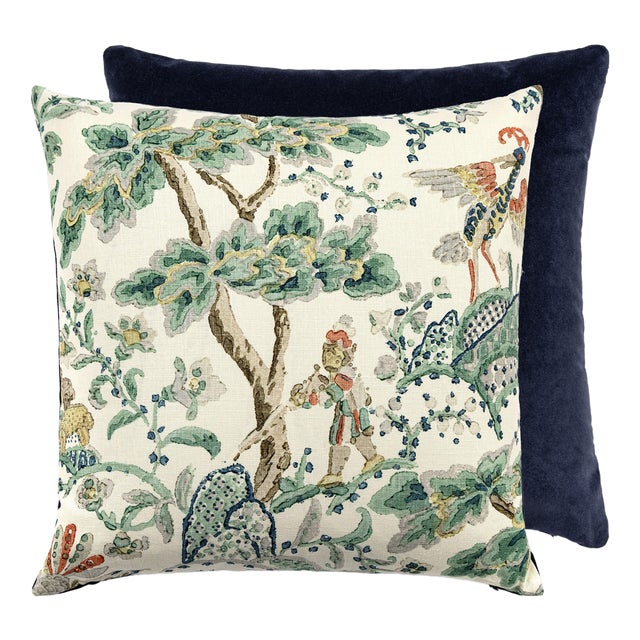 The House of Scalamandré Kelmescott / Aurora Pillow, Leaf on Ivory/navy, 22 X 22 For Sale