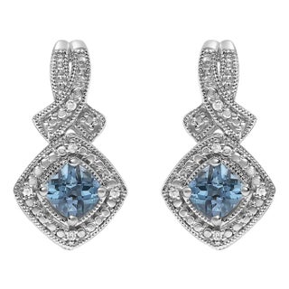 Sterling Silver Cushion Cut Blue Topaz and Diamond Accent Twist Motif Dangle Earrings For Sale