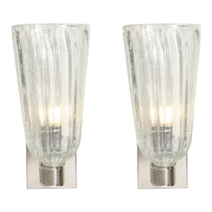 Modernist Handblown Murano Glass, Reeded Nickel & 24k White Gold Fleck Sconces