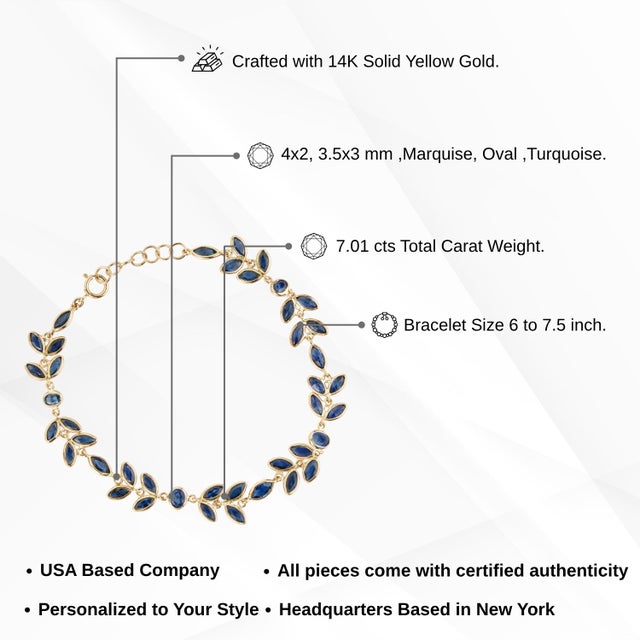 14k Yellow Gold 7.01ct Marquise Blue Sapphire Vine Leaf Link Bracelet For Sale - Image 12 of 17