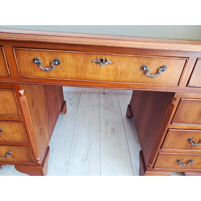 Antique Twin Pedestal Desk in Yew Wood with Leather Top, 1980s For Sale - Image 16 of 18