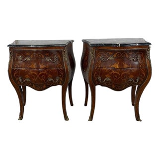 Pair of French Louis XV Style Bombe Nightstands - With Marble Tops For Sale