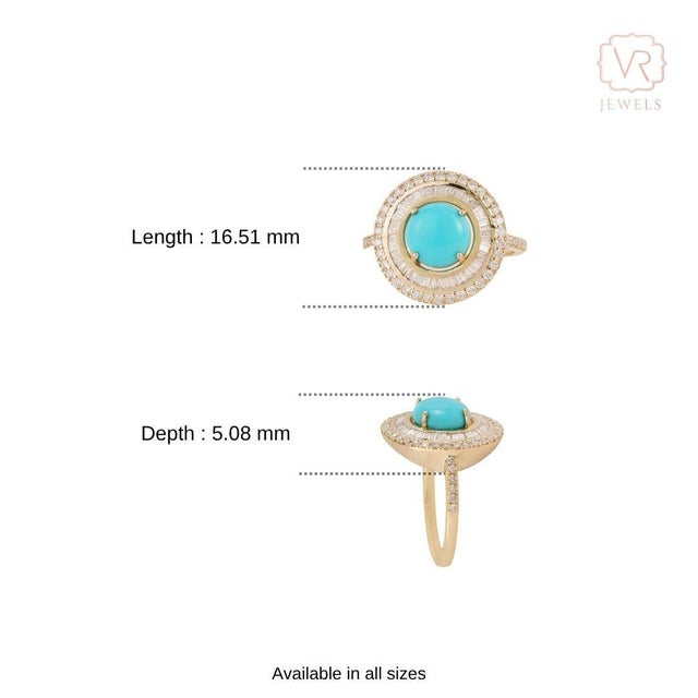 Art Deco Revival 1.52ct Round Turquoise & Diamond Halo Ring Size 4 in 14k Yellow Gold For Sale - Image 12 of 17