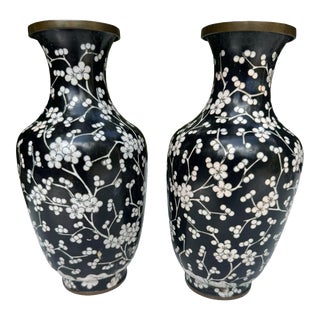 Mid 20th Century Handmade Botanical Cloisonné Vases- Set of 2 For Sale