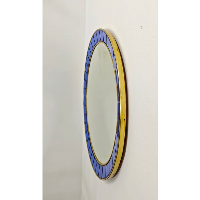 Vintage Italian Circular Wall Mirror in Blue Crystal and Brass from Cristal Art, 1950s For Sale - Image 4 of 13
