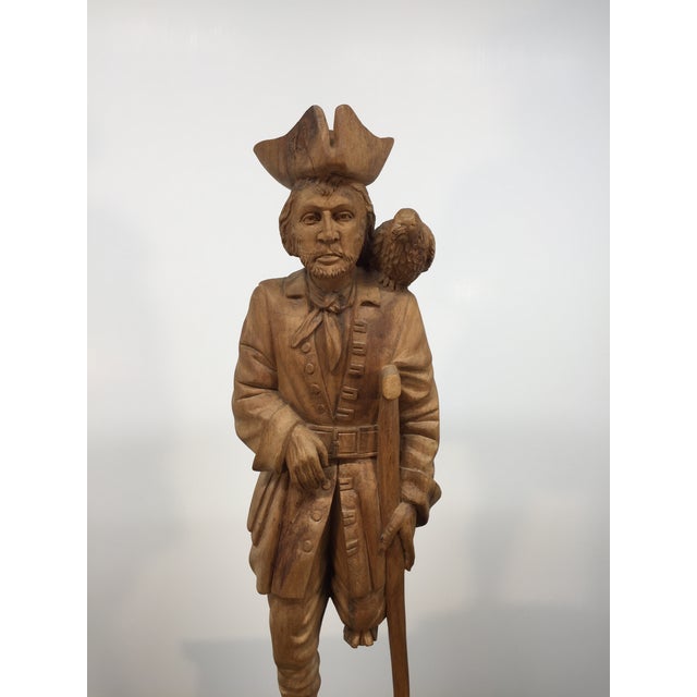 Realism Large Hand Carved Solid Wood Peg Leg Pirate Figure Statue With Parrot For Sale - Image 3 of 15