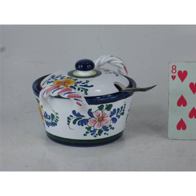 Italian Late 20th Century Jelly / Jam Pot Italy, Hand Painted Art Pottery, Slotted Lid for Spoon & Handles For Sale - Image 3 of 12