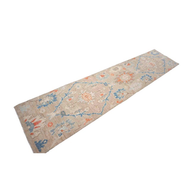 21st Century Turkish Oushak 3X12 Beige, Slate Blue, Ivory & Orange Handmade Runner Rug #1144198 For Sale - Image 4 of 12