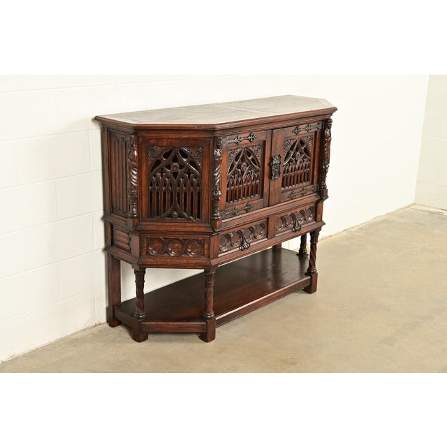 Herter Brothers Antique French Gothic Revival Oak Bar Cabinet With Carved Figures, Circa 1890s For Sale - Image 4 of 15