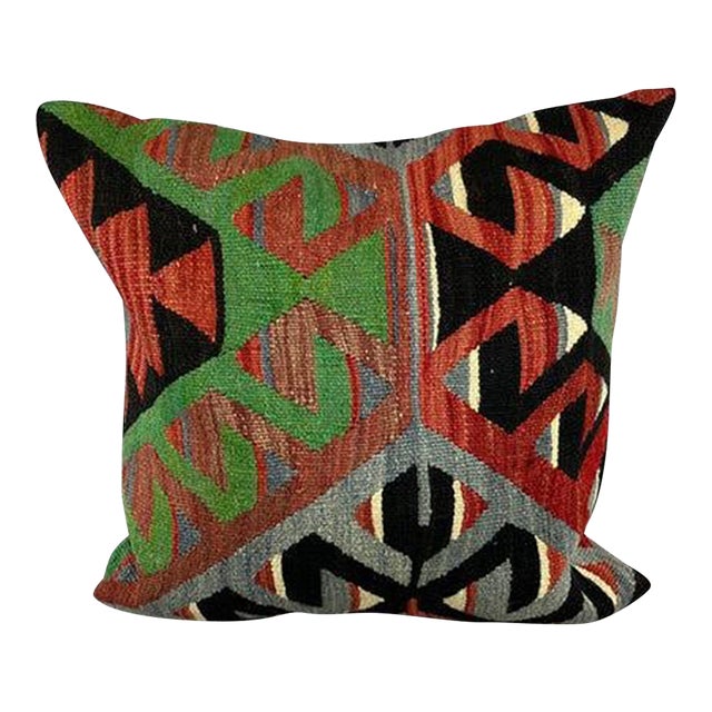 20 x 20 Kilim Pillow Turkish Cushion Natural Green Black Pillow Cushion Cover For Sale