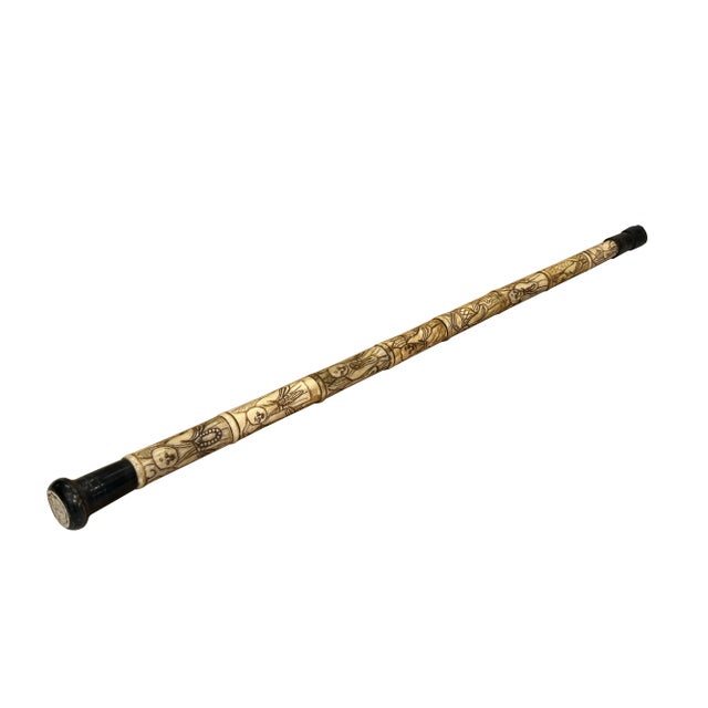 Chinese Vintage Chinese Monk Lohon Engraved Motif Bone Color Resin Inset Walking Stick For Sale - Image 3 of 12