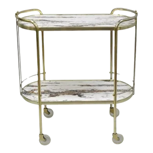 Vintage Mid Century Modern Brass Rolling Bar Tea Cart Laminate Faux Marble