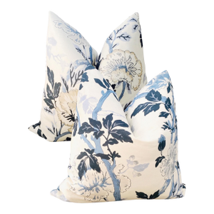 Contemporary Blue & White Floral Accent Pillows - A Pair