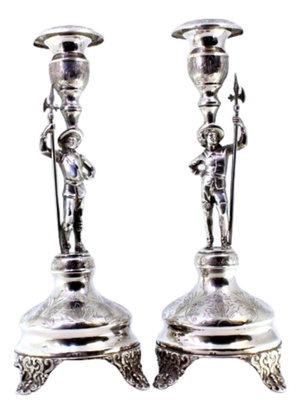 Silver Candlesticks with Halberdiers on Pedestal, Engraved Plant Elements and Embossed Feet, Set of 2