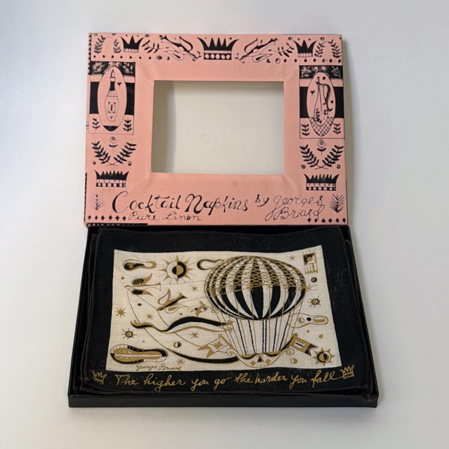 Black Vintage Georges Briard for M. Wille Co. Cocktail Napkin Set With Box | Mid Century Modern Linen Decor For Sale - Image 8 of 10