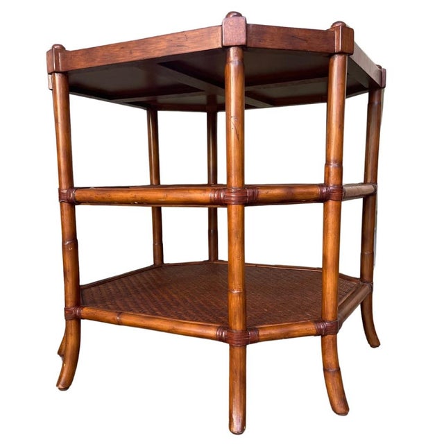 American 3-Tier Octagonal Faux Bamboo Side Table Woven Rattan Top For Sale In San Diego - Image 6 of 10