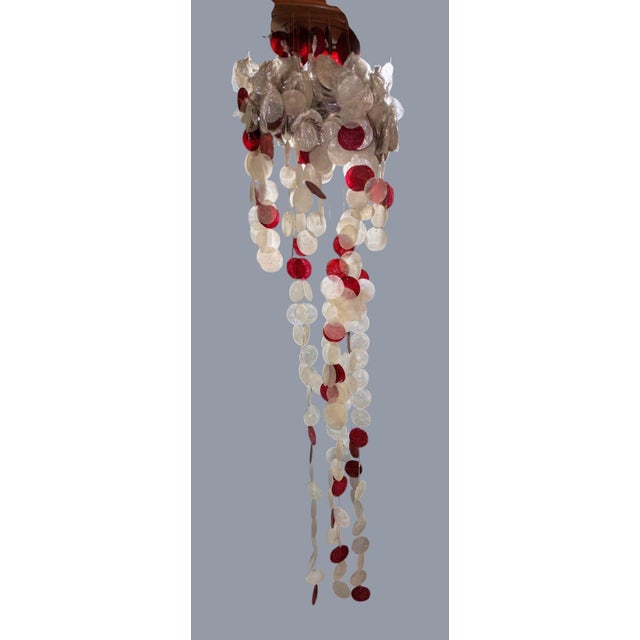 Mid-Century Modern Vintage Mid-Century Modern Red & White Capiz Shell Hanging Chandelier Sculpture For Sale - Image 3 of 11