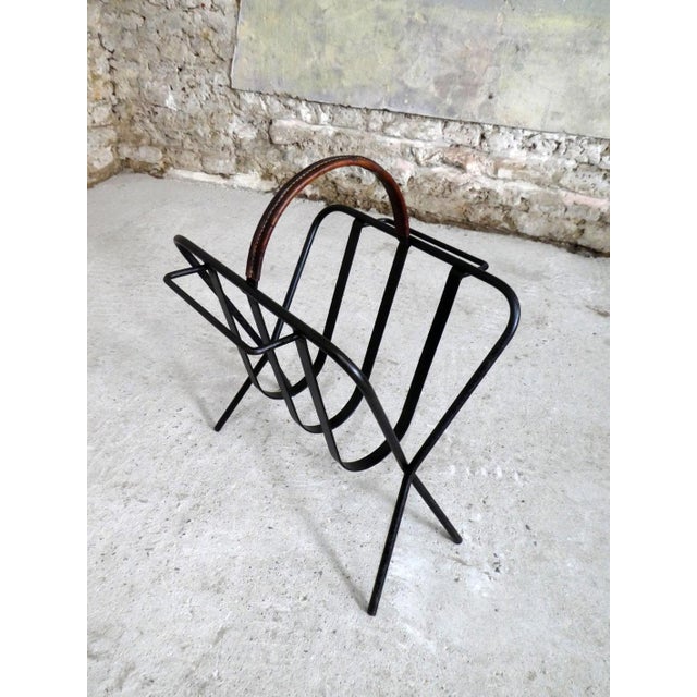 1960s Brutalist Magazine Rack in Metal and Leather, 1960s For Sale - Image 5 of 6