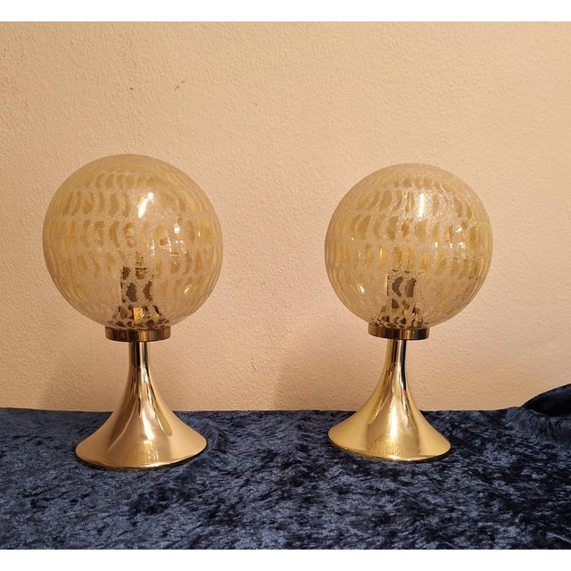 Vintage Bedside Lamps with Gold-Colored Plastic Base and Round Tinted, Patterned Glass Shade, 1970s, Set of 2, in Very...