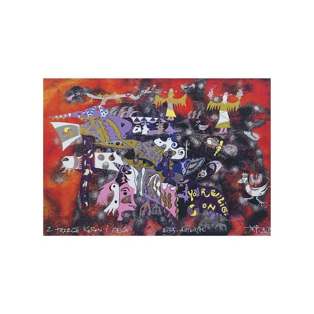 This artwork bursts with dynamic energy and vibrant hues, set against a smoky red background. It features an eclectic...