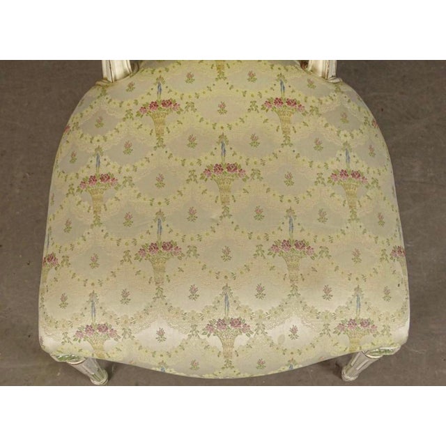 1930s A Single French Louis XV Style Side Chair or Desk Chair Painted White With Green Accents. Floral Pattern Silk or Satin Upholstery 1930s For Sale - Image 5 of 7