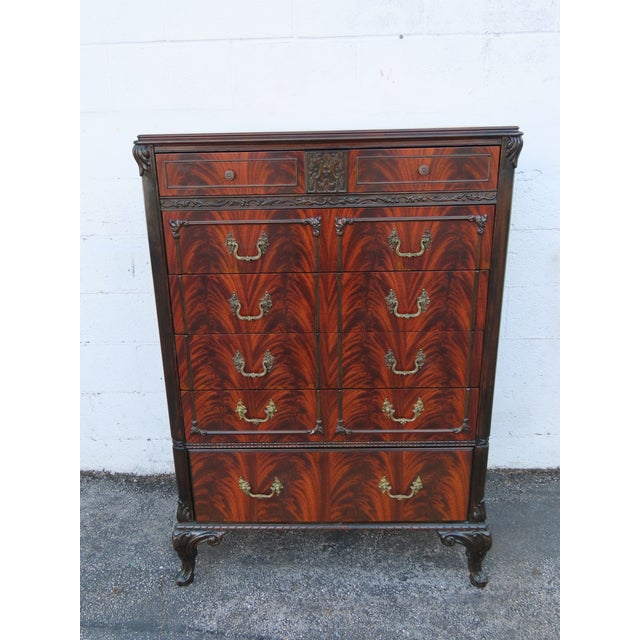 Traditional Early 1900s Carved Flame Mahogany Tall Chest of Drawers 6324 For Sale - Image 3 of 12