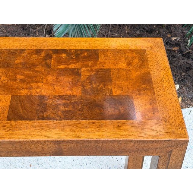 1970s Long Parsons Style Walnut Sofa Table With Burl Walnut Top For Sale - Image 5 of 11