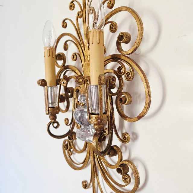 Metal Two-Armed Wall Lamp in Iron and Crystal Glass in the style of Maison Baguès, France, 1950s For Sale - Image 7 of 15