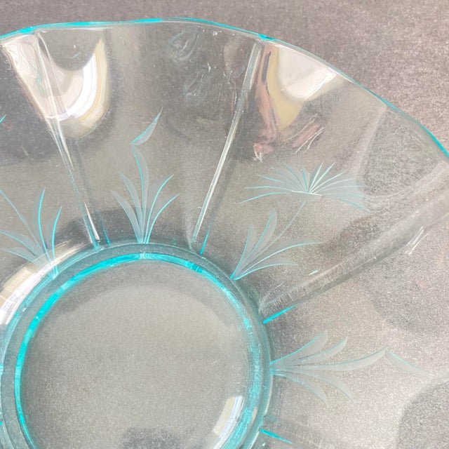 Fenton Art Glass Company Vintage Fenton Dolphin Glass Aquamarine Blue Handled Dish Etched Bowl Koi Fish Sea Creature For Sale - Image 4 of 13