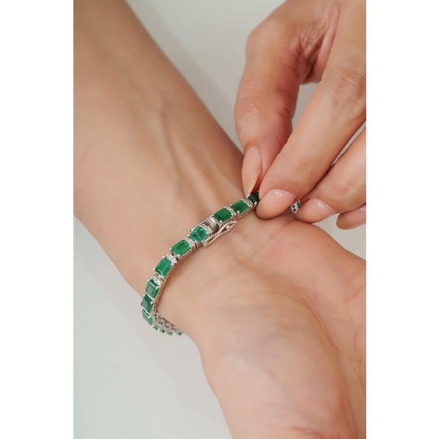 Regal 12 Ct Emerald & Diamond Line Tennis Bracelet in 925 Sterling Silver, 7 Inch For Sale - Image 9 of 14