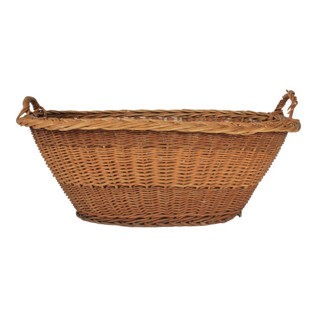 Vintage Woven Wicker Laundry Basket For Sale