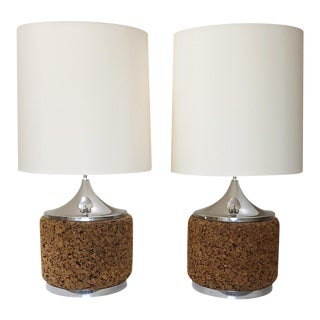 Mid Century Cork and Chrome Table Lamps With Shades - a Pair For Sale