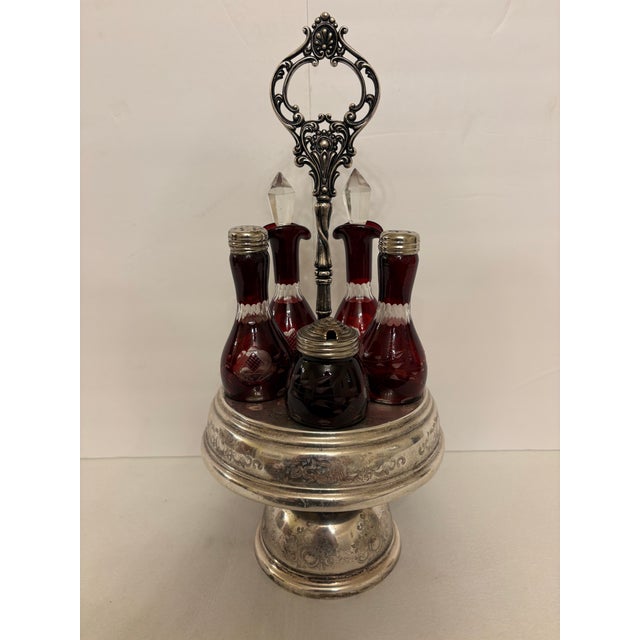 Late 19th Century Victorian Ruby Red Glass Cruet Caster Set With Silver-Plated Rotating Stand - 6 pcs For Sale In Boise - Image 6 of 6