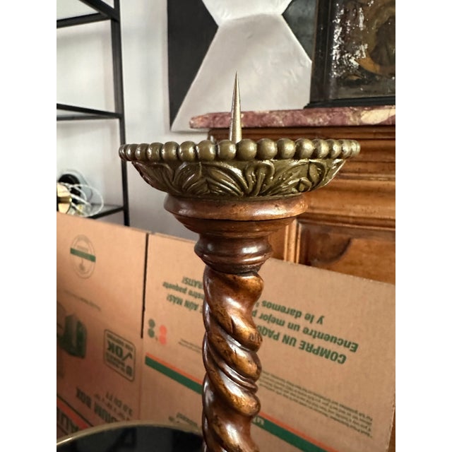This is a beautiful pair of burled mahogany candlesticks with a barley twist center stem that are adorned with engraved...