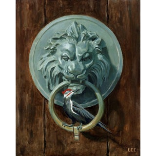 The One Who Knocks by Bernard Lee | Oil Painting of a woodpecker on a lion's head door knocker For Sale